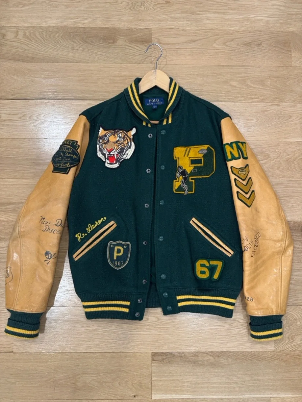Polo by Ralph Lauren Dark Green & Tan Leather-Sleeve Varsity Jacket - Picture 1 of 5